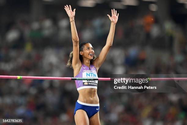 Morgan Lake of Team Great Britain reacts in the Women's High Jump Final during day nine of the World Athletics Championships Budapest 2023 at...