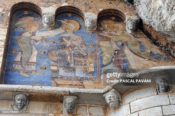 Picture taken on March 21, 2013 shows a frescoe of the Virgin Mary in the basilica in Rocamadour, the town which is a Unesco World Heritage site...