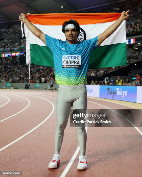 Gold medalist Neeraj Chopra of Team India celebrates winning the Men's Javelin Throw Final during day nine of the World Athletics Championships...