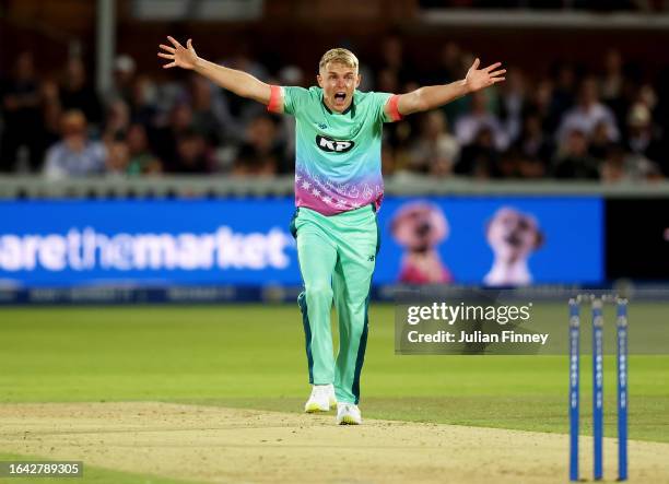 Sam Curran of Oval Invincibles reacts during The Hundred Final between Oval Invincibles Men and Manchester Originals Men at Lord's Cricket Ground on...