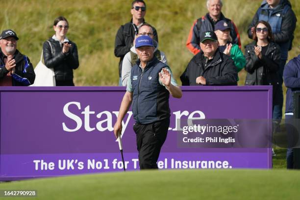 Greig Hutcheon of Scotland in action during Day Four of the Staysure Seniors PGA Championship at Trump International Golf Links on August 27, 2023 in...