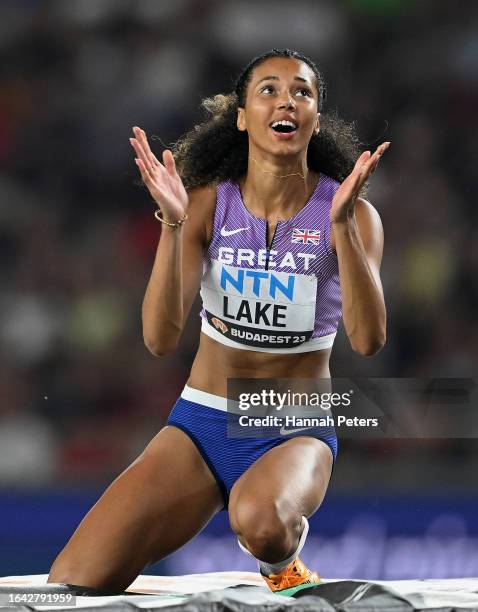 Morgan Lake of Team Great Britain reacts in the Women's High Jump Final during day nine of the World Athletics Championships Budapest 2023 at...