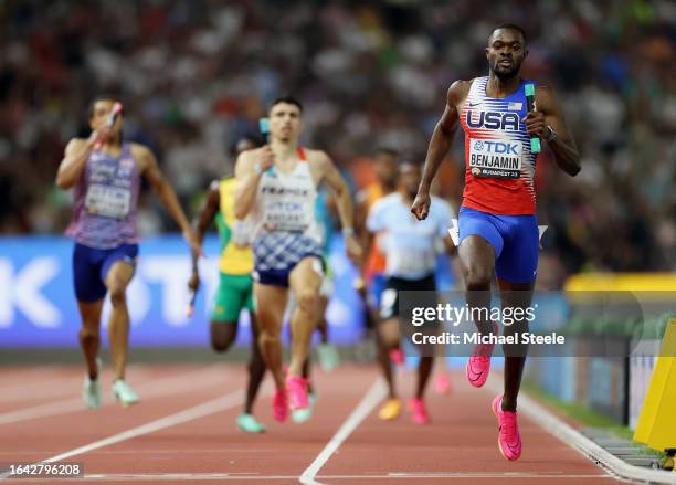 Rai Benjamin of Team United States crosses the finish line to win the Men's 4x400m Relay Final during day nine of the World Athletics Championships...