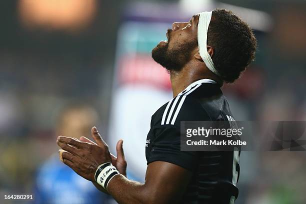 Lote Raikabula of New Zealand celebrates after scoring a try during the match between New Zealand and France day one of the 2013 Hong Kong Sevens at...