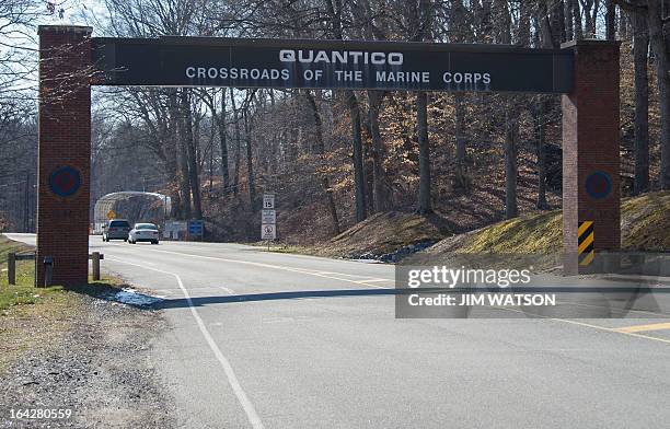 The main gate of the US Marine Corps Base in Quantico, Virginia, on March 22, 2013. A US Marine shot and killed two colleagues late March 21, 2013...