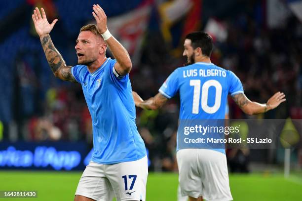 Ciro Immobile of SS Lazio reacts during the Serie A TIM match between SS Lazio and Genoa CFC at Stadio Olimpico on August 27, 2023 in Rome, Italy.