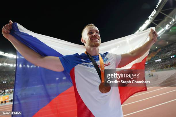 Bronze medalist Jakub Vadlejch of Team Czech Republic celebrates in the Men's Javelin Throw Final during day nine of the World Athletics...