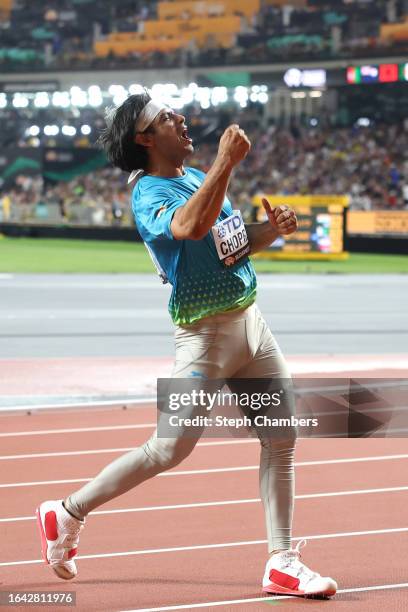 Gold medalist Neeraj Chopra of Team India celebrates winning the Men's Javelin Throw Final during day nine of the World Athletics Championships...