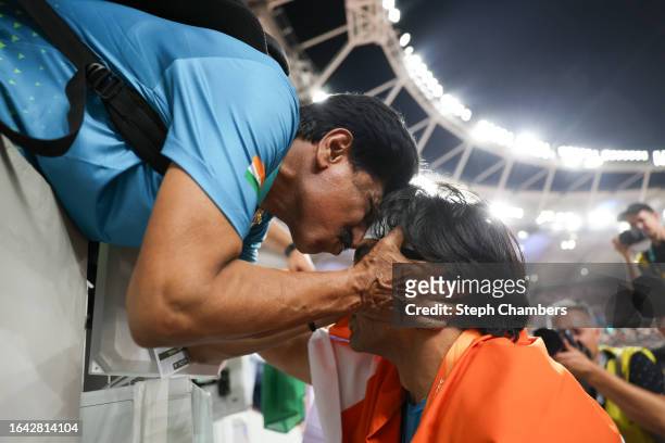 Gold medalist Neeraj Chopra of Team India celebrates winning the Men's Javelin Throw Final during day nine of the World Athletics Championships...
