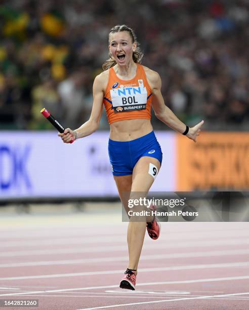 Femke Bol of Team Netherlands celebrates winning the Women's 4x400m Relay Final during day nine of the World Athletics Championships Budapest 2023 at...