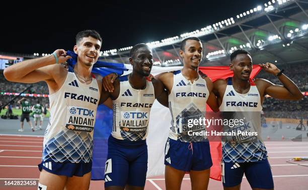 Silver medalists David Sombe, Ludvy Vaillant, Gilles Biron, and Teo Andant of Team France pose for a photo after the Men's 4x400m Relay Final during...