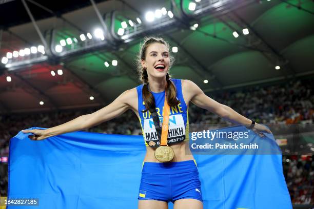 Gold medalist Yaroslava Mahuchikh of Team Ukraine celebrates winning the Women's High Jump Final during day nine of the World Athletics Championships...