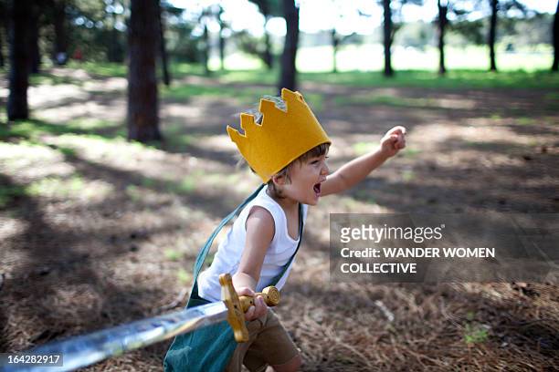 Little boy with crown running in forest with sword