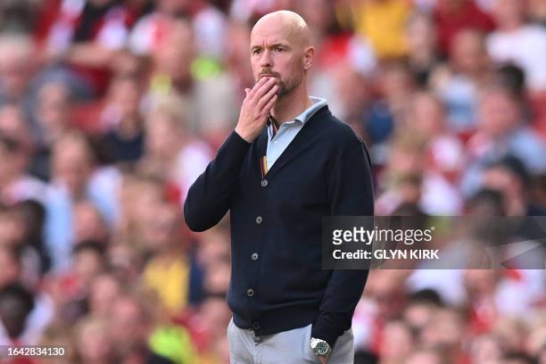 Manchester United's Dutch manager Erik ten Hag gestures on the touchline during the English Premier League football match between Arsenal and...