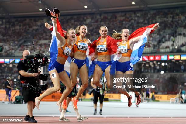 Gold medalists Femke Bol, Eveline Saalberg, Lieke Klaver, and Cathelijn Peeters of Team Netherlands pose for a photo after the Women's 4x400m Relay...