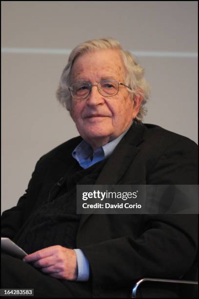 American linguist and philosopher Noam Chomsky in conversation at the British Library, London, UK on 19th March 2013.