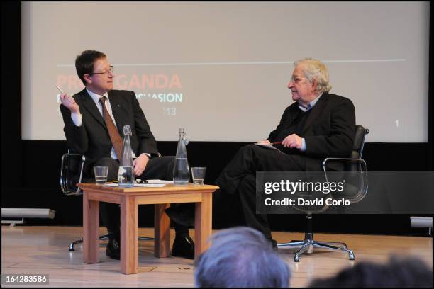 Jonathan Freedland and Noam Chomsky in conversation at the British Library, London, UK on 19th March 2013.