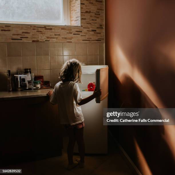 a child looks into an empty fridge-freezer in a domestic kitchen - poor kitchen stock pictures, royalty-free photos & images