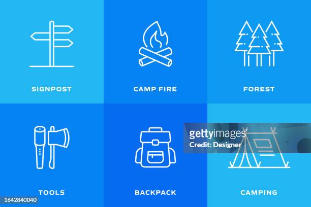 ilustraciones, imágenes clip art, dibujos animados e iconos de stock de camping y recreación al aire libre relacionado vector thin line iconos. colección de símbolos de contorno - mochilero