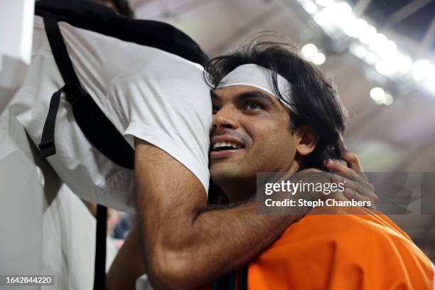 Gold medalist Neeraj Chopra of Team India celebrates winning the Men's Javelin Throw Final during day nine of the World Athletics Championships...