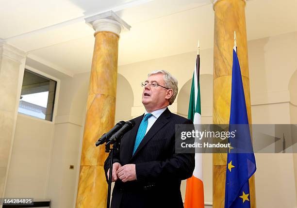 In this handout image provided by The Department of the Taoiseach, Eamon Gilmore TD, Tánaiste and Minister for Foreign Affairs and Trade is seen...