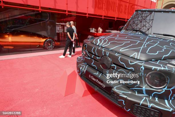 Preparations at the Mercedes-Benz booth with a Mercedes-Benz G-Class automobile ahead of the Munich Motor Show in Munich, Germany, on Sunday, Sept....