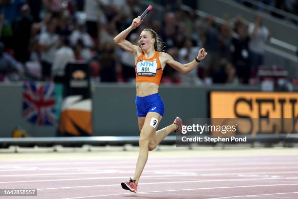 Gold medalist Femke Bol of Team Netherlands celebrates winning the Women's 4x400m Relay Final during day nine of the World Athletics Championships...