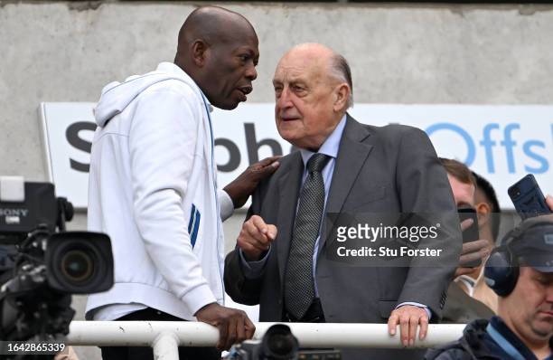Faustino Asprilla, Former Newcastle United player and Sir John Hall, Former Chairman of Newcastle United interact prior to the Premier League match...