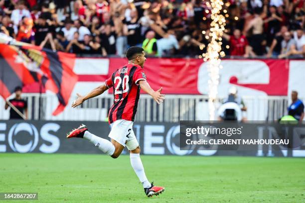 Nice's Algerian defender Youcef Atal celebrates after scoring the team's first goal during the French L1 football match between OGC Nice and RC...