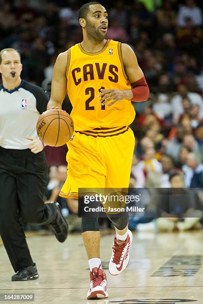 Wayne Ellington of the Cleveland Cavaliers runs a play during the second half against the Miami Heat at Quicken Loans Arena on March 20, 2013 in...