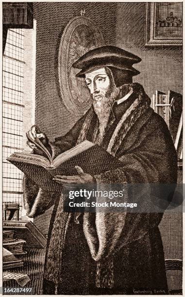 Engraved portrait of French theologian and reformer John Calvin as he reads a book.