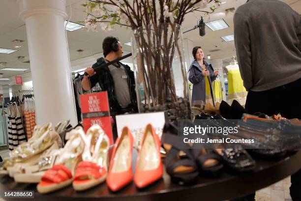 Designer Michelle Franklin is interviewed about her Project Runway Lord & Taylor challenge winning design during an in-store visit to the Lord &...