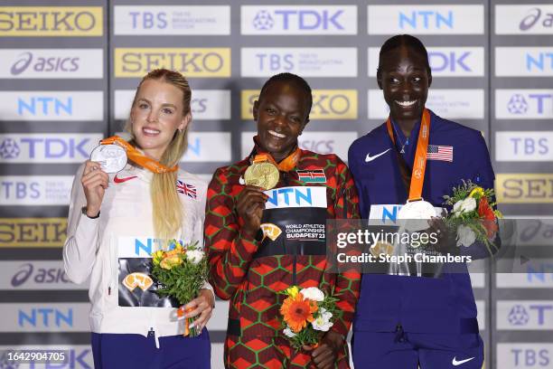 Silver medalist Keely Hodgkinson of Team Great Britain, Gold medalist Mary Moraa of Team Kenya, and Bronze medalist Athing Mu of Team United States...