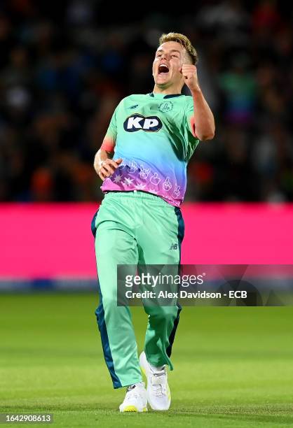 Sam Curran of Oval Invincibles celebrates victory after defeating Manchester Originals during The Hundred Final between Oval Invincibles Men and...