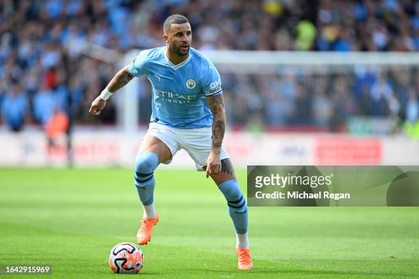 Kyle Walker of Manchester City in action during the Premier League match between Sheffield United and Manchester City at Bramall Lane on August 27,...