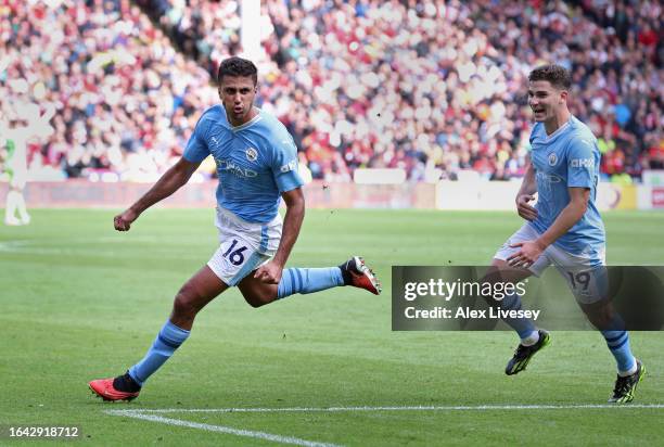 Rodri of Manchester City celebrates after scoring their sides second goal during the Premier League match between Sheffield United and Manchester...