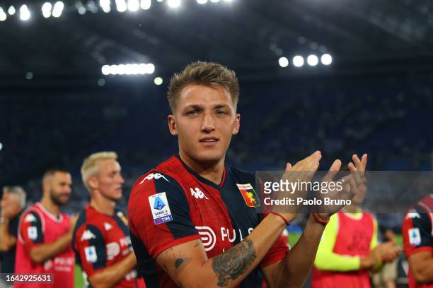 Mateo Retegui of Genoa CFC celebrates the victory during the Serie A TIM match between SS Lazio and Genoa CFC at Stadio Olimpico on August 27, 2023...