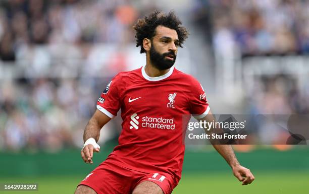 Mohamed Salah in action during the Premier League match between Newcastle United and Liverpool FC at St. James Park on August 27, 2023 in Newcastle...