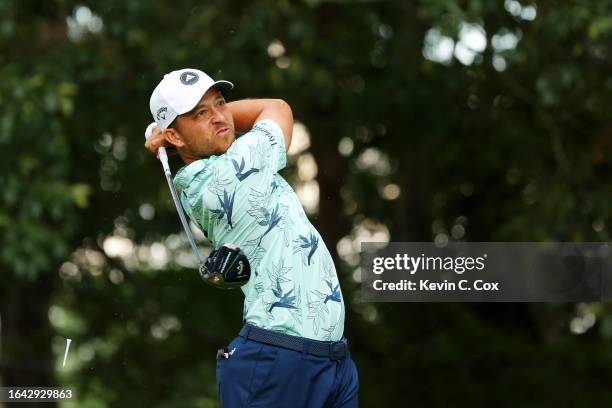 Xander Schauffele of the United States plays his shot from the seventh tee during the final round of the TOUR Championship at East Lake Golf Club on...