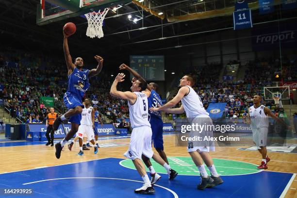 LaQuan Prowell of Skyliners tries to score during the Beko BBL match between Fraport Skyliners and Eisbaeren Bremerhaven at Fraport Arena on March...