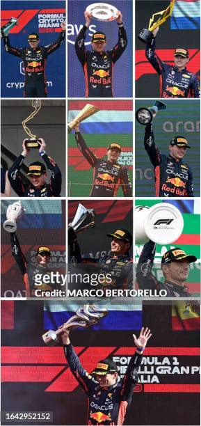 This combination of file photographs created on September 3 shows Red Bull Racing's Dutch driver Max Verstappen celebrating with his trophy on the...