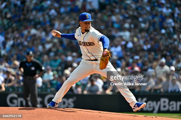 Luis Castillo of the Seattle Mariners throws a pitch during the first inning against the Kansas City Royals at T-Mobile Park on August 27, 2023 in...