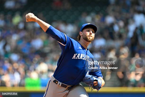 Alec Marsh of the Kansas City Royals throws a pitch during the second inning against the Seattle Mariners at T-Mobile Park on August 27, 2023 in...