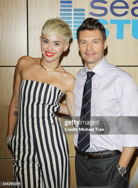 Miley Cyrus and Ryan Seacrest attend The Ryan Seacrest Foundation West Coast debut of new multi-media broadcast center "Seacrest Studios" held at...