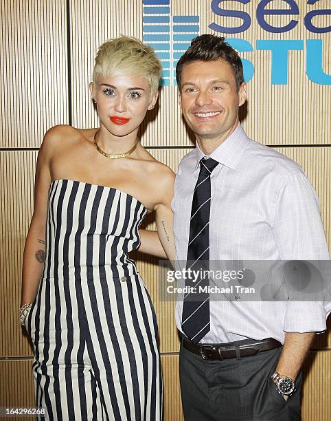 Miley Cyrus and Ryan Seacrest attend The Ryan Seacrest Foundation West Coast debut of new multi-media broadcast center "Seacrest Studios" held at...