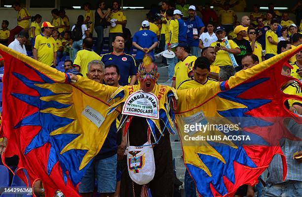 Colombian supporter known as el Cole cheers for his team before the FIFA World Cup Brazil 2014 qualifying match against Bolivia at Metropolitano...