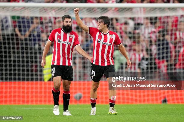Unai Gomez of Athletic Club celebrates after scoring their sides fourth goal during the LaLiga EA Sports match between Athletic Bilbao and Real Betis...