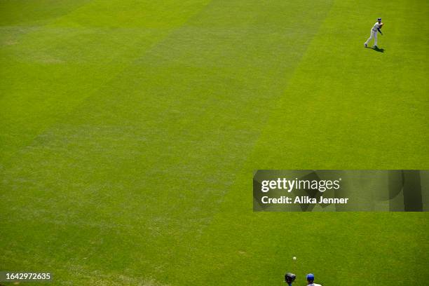 Luis Castillo of the Seattle Mariners warms up before the game against the Kansas City Royals at T-Mobile Park on August 27, 2023 in Seattle,...