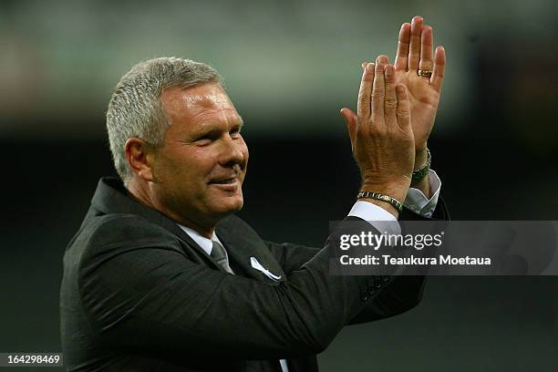 Head Coach Ricki Herbert of New Zealand All Whites celebrates after the FIFA World Cup Qualifier match between the New Zealand All Whites and New...