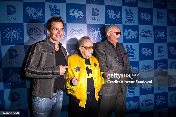 Actor Antonio Sabato Jr., Car customizer George Barris and actor Adam West attend the launch of the Batman classic TV series licensing program at...